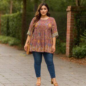 SHEIN Orange Brown Flutter Sleeve Tunic
